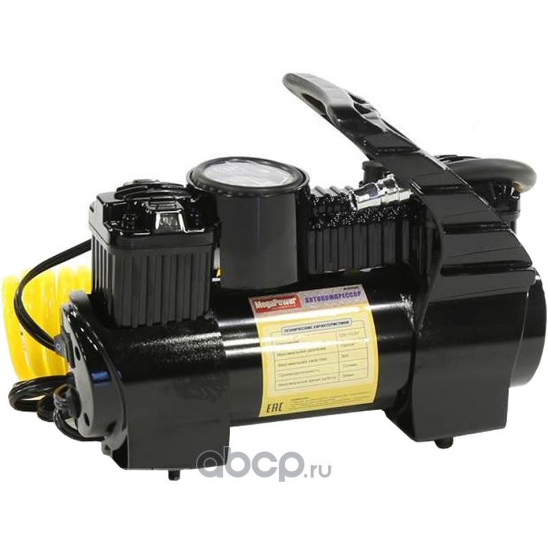Компрессор M-55020 поршневой двухцилиндровый 150PSI (72л/мин, 30А) с дефлятором, длинный шланг, в сумке 12V MEGAPOWER, MEGAPOWER Automotive M55020