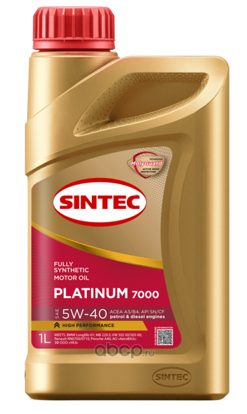 Platinum 7000 SAE 5W-40 ACEA A3/B4 API SN/CF синтетика 5W-40 1 л., SINTEC 600138